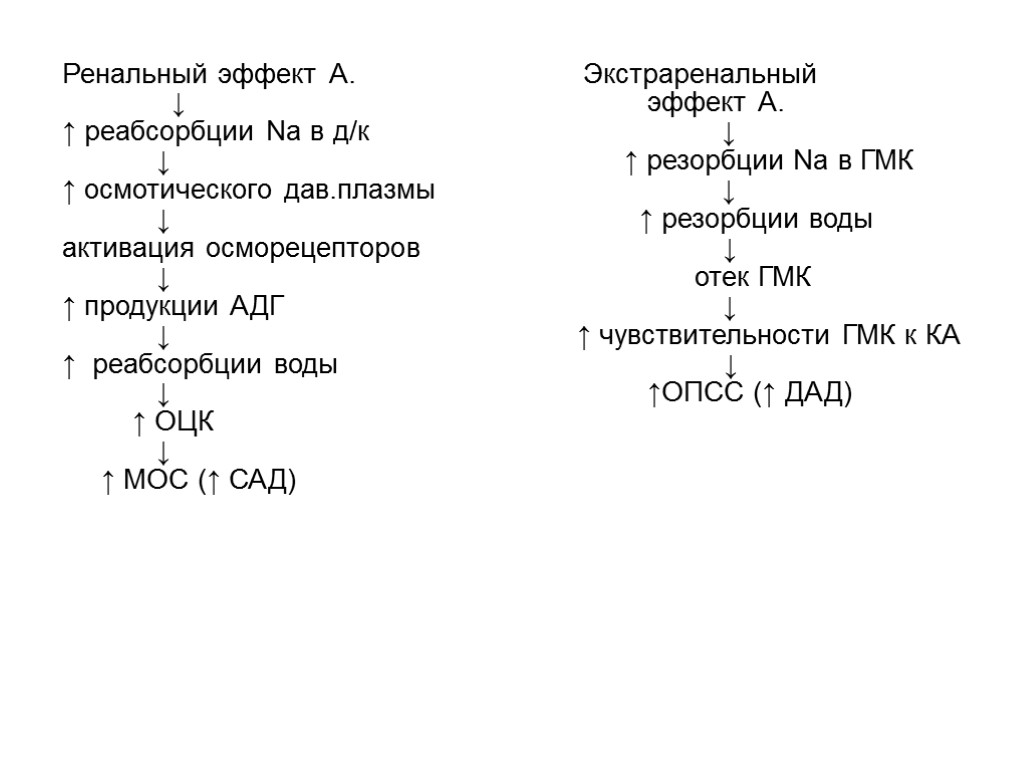 Ренальный эффект А. Экстраренальный ↓ эффект А. ↑ реабсорбции Na в д/к ↓ ↓